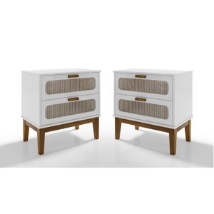 Conjunto Mesa de Cabeceira Santorini Pes de Madeira 60cm Branco