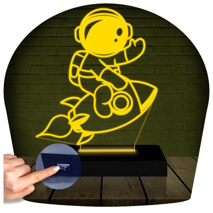 Luminária Led 3d | Astronauta Foguete Abajur Amarelo - 1