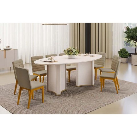 Sala de Jantar Completa Liz C/ Tampo Madeirado C/ Vidro Oval 218x108cm e 8 Cadeiras Sofia Off White