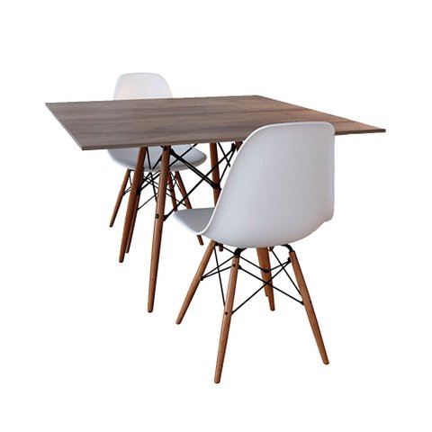 Conjunto de Mesa de Jantar Eames Eiffel Quadrada 90cm Tampo de Madeira Amêndoa com 2 Cadeiras Branca