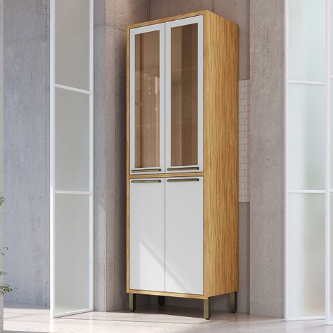 Paneleiro Duplo com 4 Portas e Vidro Reflecta 100% MDF Vicenza Espresso Móveis Branco/Amêndoa