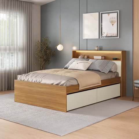 Cama de Casal 4 Gavetas e Cabeceira Nicho com LED 100% MDF Aurora Yescasa Marrom/Carvalho Hanover/Argila