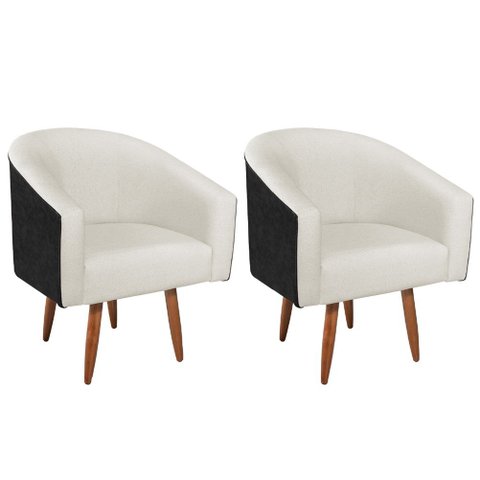 Kit 02 Poltronas Luiza Pés Palito Factor Preto e Linho Bege - Amarena Móveis