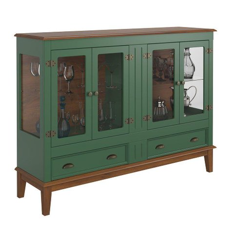 Mini Cristaleira de Madeira Maciça 4 Portas Verde - Fundo Amêndoa