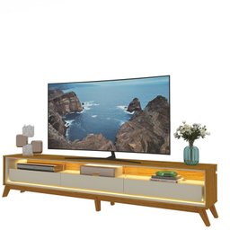 Rack para TV até 90 Polegadas com LED 100% MDF 260cm Pés em Madeira Maciça Requinte Marrom Naturale/Off White - 8 Rack para TV até 90 Polegadas com LED 100% MDF 260cm Pés em Madeira Maciça Requinte Marrom Naturale/Off White - 8