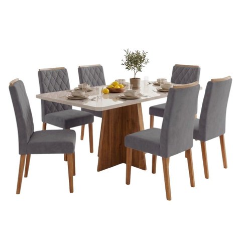 Conjunto Sala de Jantar Mesa 1,60m com Vidro Anjos 6 Cadeiras Bele