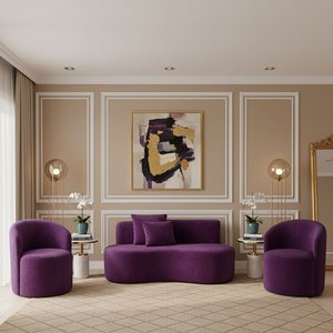 Conjunto Decorativo 02 Poltronas + Sofá Curvo Orgânico Nature Gaia Veludo Roxo - Montanaris Decor