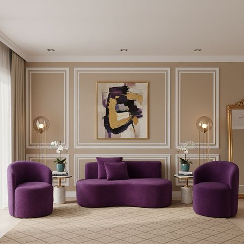 Conjunto Decorativo 02 Poltronas + Sofá Curvo Orgânico Nature Gaia Veludo Roxo - Montanaris Decor