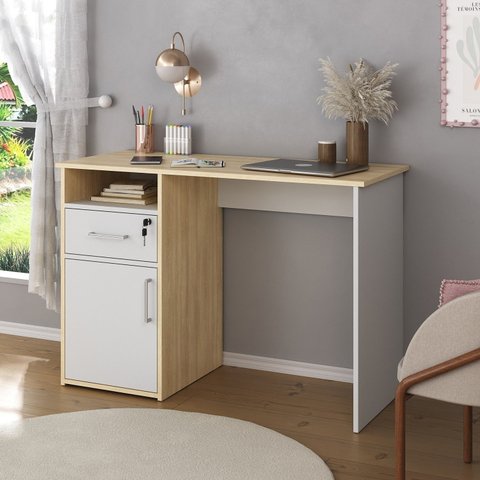 Escrivaninha Mesa Escritório Compacta Para Home Office Com Com Chave E Hall 1 Gaveta 1 Porta 1 Nicho 110cm Carvalho E Branco