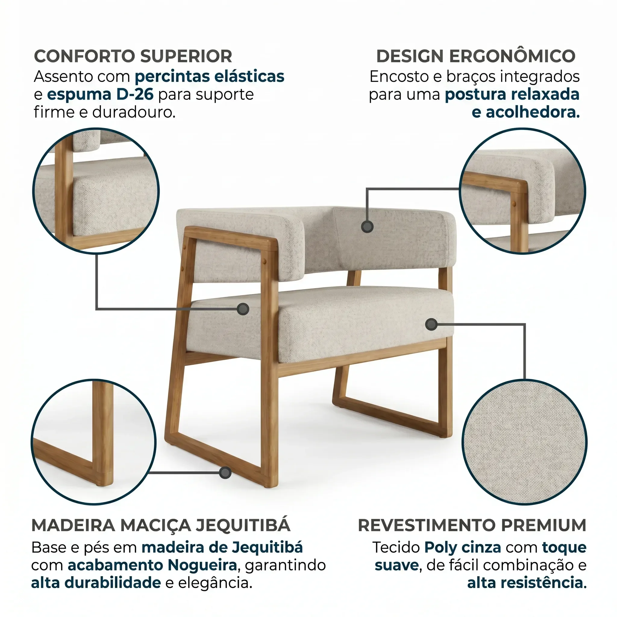 Ver imagem 4 de Poltrona Decorativa Bria em Madeira Maciça Jequitibá Nogueira/Cinza