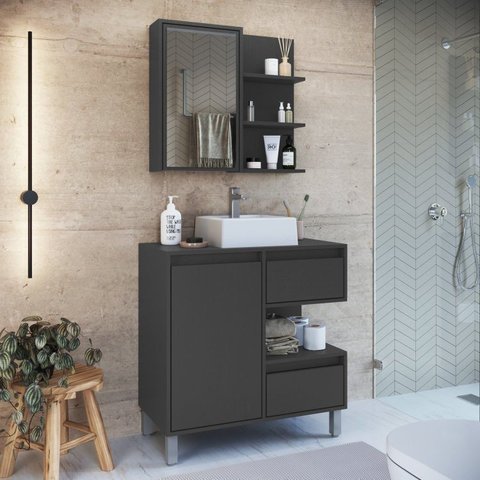 Gabinete de Banheiro 80cm Paula com Espelheira 01 Porta e Cuba Branca Preto/Grafite