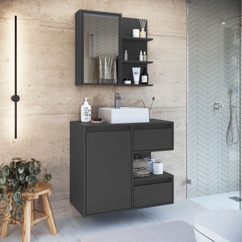 Gabinete de Banheiro 80cm Paula com Espelheira 01 Porta e Cuba Branca Preto/Grafite