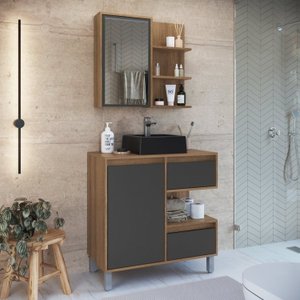 Gabinete de Banheiro 80cm Paula com Espelheira 01 Porta e Cuba Preta