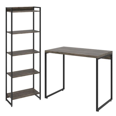 Kit Escritório Estante Areta 5 Prateleiras Mesa Industrial Aspen 90cm C01 Carvalho Dark - Lyam