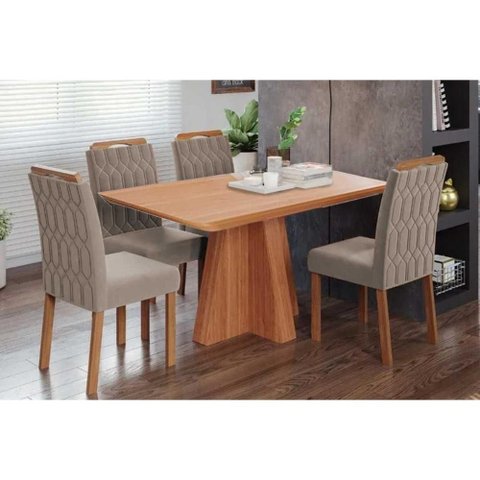Conjunto: Mesa de Cozinha Maitê Tampo Madeirado 130x80cm e 4 Cadeiras Paola Cinamomo - Carvalho/