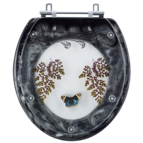 Assento Sanitário Tampa de Vaso Convencional Oval Preto Decorado com Borboleta - Borboleta Azul