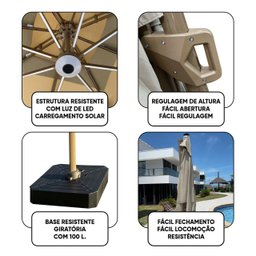 Ombrelone Guarda Sol Gold Led Alumínio Bege 3,0 X 3,0 C/ Base em 100 L - 13