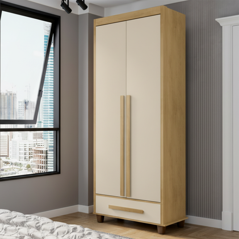 Guarda-Roupa Solteiro com 2 Portas 1 Gaveta e 5 Prateleiras Dubai Marrom/Cinamomo/Off White