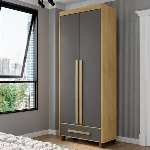 Guarda-Roupa Solteiro com 2 Portas 1 Gaveta e 5 Prateleiras Dubai Marrom/Cinamomo/Grafite