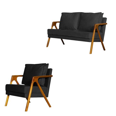 Kit 1 Poltrona Mona Luxo + Namoradeira Mona Luxo Recepção - Suede Preto