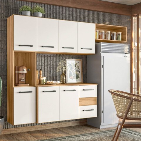 Cozinha Compacta Modulada Suspensa 7 Portas 2 Gavetas Juliete Branco/Freijó/Off White Cristal