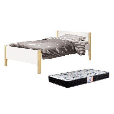 Cama Solteiro Simba Branco Fosco com Pés Madeira Natural e Colchão D33 Reller Móveis Branco Fosco