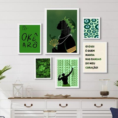 Composição Quadros Decorativos Oxóssi verde - com Vidro:madeira Preta
