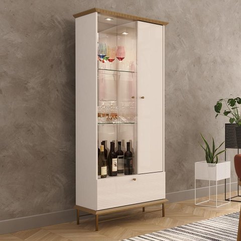 Cristaleira Império Led e Espelho Mdf 25mm Vidro 4mm Soft Close Design Moderno Lukaliam Off/dourado