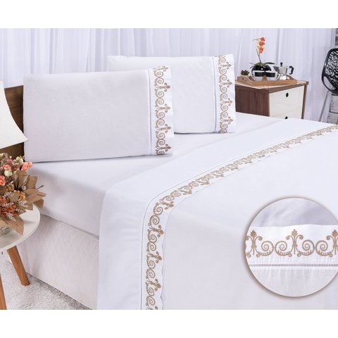 Jogo lençol Atenas quarto casal king bordado 4 peças 2fronha: Branco com caqui