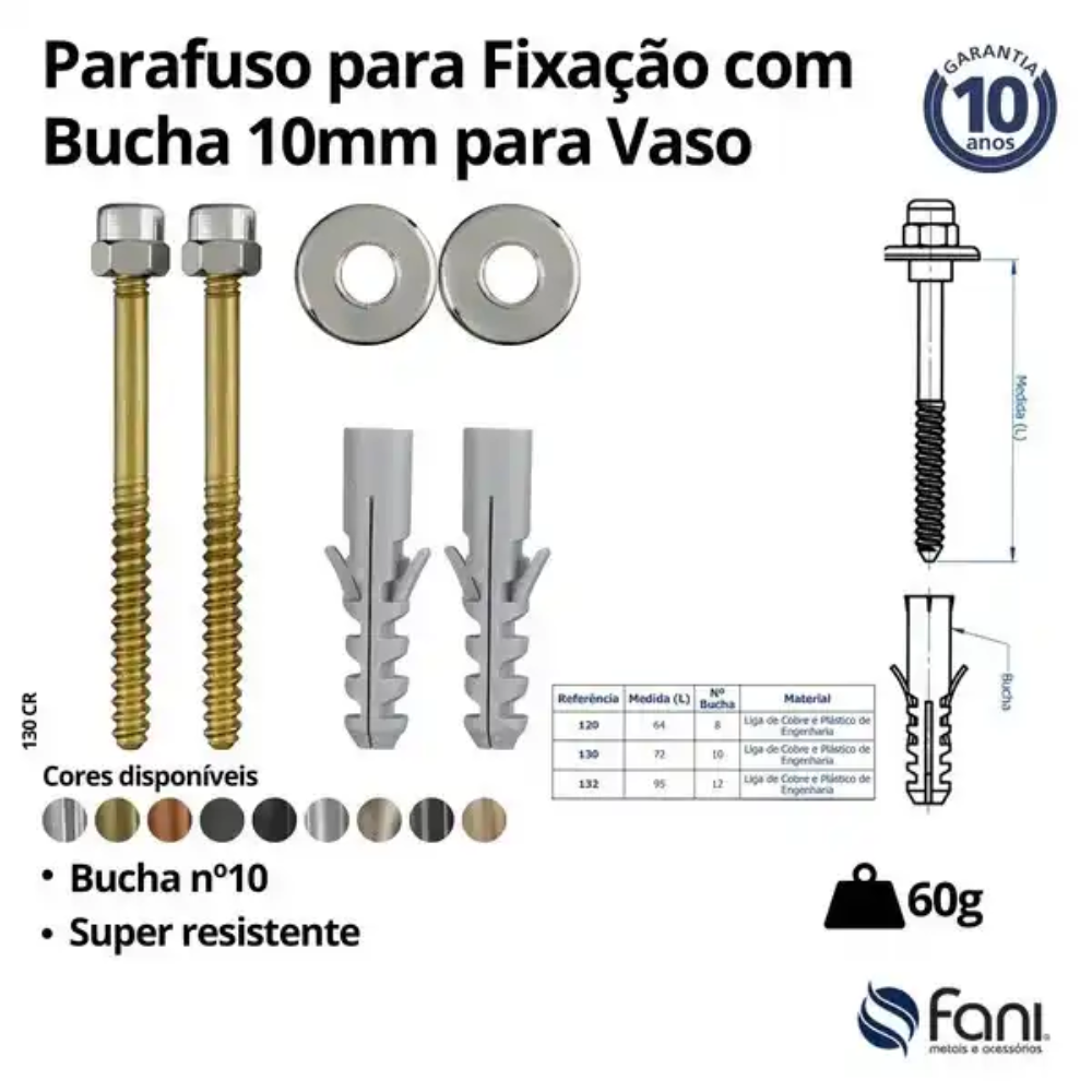 Parafuso para Fixação com Bucha 10mm Fani Cromado 130 Cr - 2