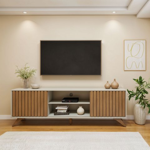 Rack para TV até 65 Polegadas 2 Portas Pés em Madeira Maciça Com Ripado Deslizantes Manaus