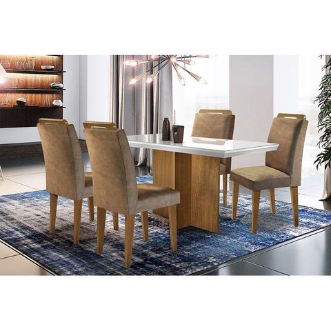 Sala de Jantar Completa Berlim c/ Tampo Madeirado c/ Vidro Canto Reto 120cm + 4 Cadeiras Athenas