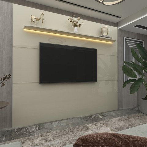 Painel para TV até 90 Polegadas com LED 100% MDF 219cmx195cm 1 Prateleira Royal Branco Off White