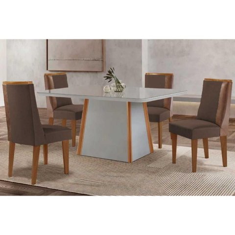 Conjunto Sala de Jantar Tilia C/ Tampo Madeirado C/ Vidro Canto Curvo 120x80cm e 4 Cadeiras Tilia