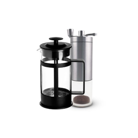 Kit Cafeteira Prensa Francesa de Vidro e Plástico 600ml e Moedor de Café Manual Inox e Acrilico