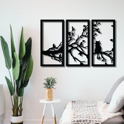Conjunto De 3 Quadros Em Mdf 6mm Pássaros E Gato Em Árvore - 4