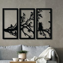 Conjunto De 3 Quadros Em Mdf 6mm Pássaros E Gato Em Árvore - 1