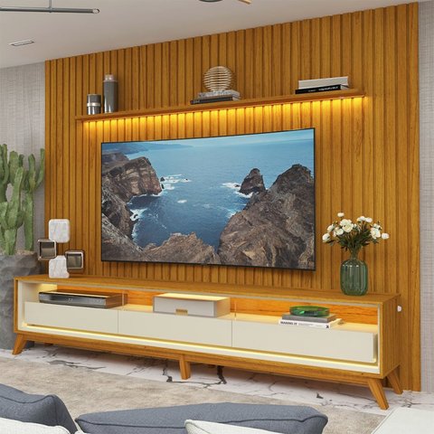 Rack com Painel Ripado para TV até 90 Polegadas com LED 100% MDF 260cmx308cm Pés em Madeira Maciça 3 Gavetas Nobre Requinte