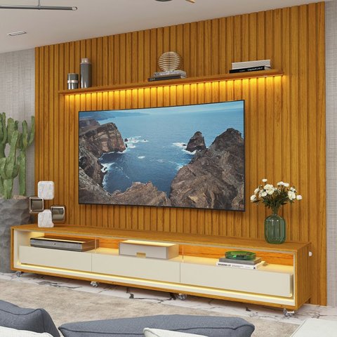 Rack com Painel Ripado para Tv até 90 Polegadas 250cmx260cm Led 3 Gavetas com Rodízios Nobre/requinte 100% MDF
