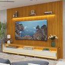Ver imagem 1 de Rack com Painel Ripado para TV até 90 Polegadas com LED 100% MDF 250cm x 273,6cm 3 Gavetas com Rodízios Nobre Requinte Yescasa Marrom