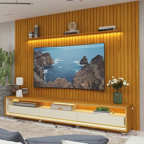 Rack Painel Ripado para TV até 90 Polegadas LED 100% MDF 260cmx250cm 3 Gavetas com Rodízios Nobre Requinte Marrom Naturale/Off White