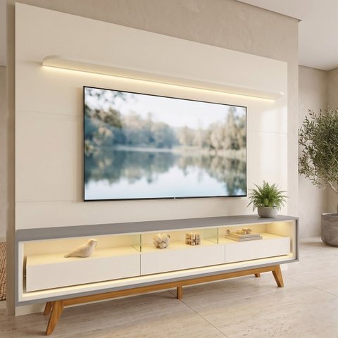 Rack com Painel para TV até 90 Polegadas com LED 100% MDF 219CMX253CM Pés em Madeira Maciça 3 Gavetas Royal Requinte Branco