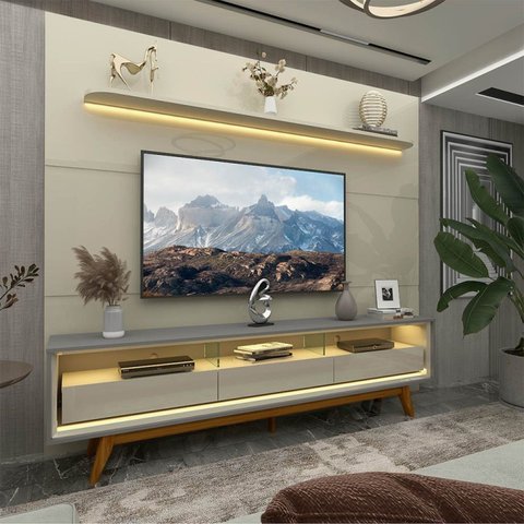 Rack Painel para TV até 90 Polegadas com LED 100% MDF 219cmx253cm Pés em Madeira Maciça 3 Gavetas Royal Requinte Branco Off White/Cinza-Off