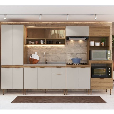 Cozinha Completa Modulada 6 Peças com Torre Quente para 2 Fornos Vidro Reflecta e Espaço para Cooktop Veneza Modulada Bege/Mel/Arenas