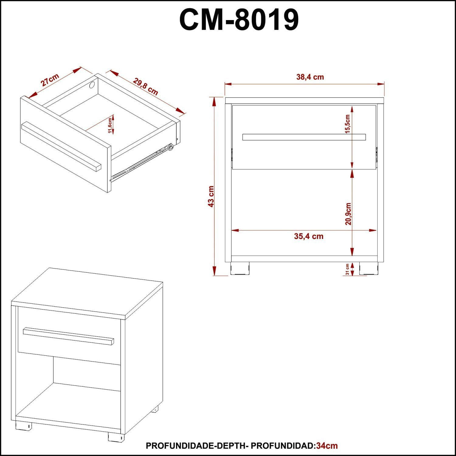 Mesa de Cabeceira em Mdp 1 Gaveta Cm8019 - 5