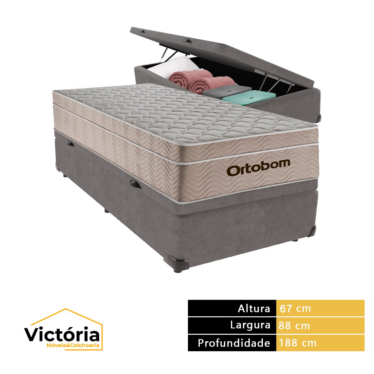 Cama Box com Baú Solteiro Cinza e Colchão Ortobom Airtech Molas Ensacadas - 3