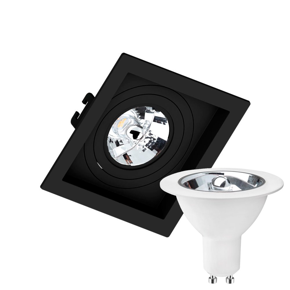 Kit 5 Spot Embutir Quadrado Recuado AR70 Preto + Lâmpada Led 4,8w 2700k - 1