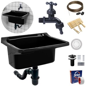 Tanque Lavanderia 34l Preto + Sifão Copo Universal Sanfonado + Veda Rosca + Torneira + Varal em Aço