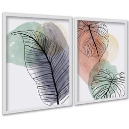 Kit 2 Quadros Folhas Costela Adão Aquarela 33x24cm - com Vidro:moldura Preta - 2