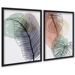 Kit 2 Quadros Folhas Costela Adão Aquarela 33x24cm - com Vidro:moldura Preta - 1